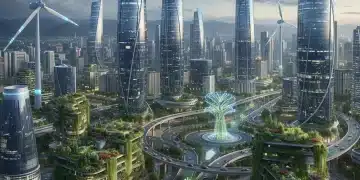 Futuristic US cityscape with sustainable energy and green infrastructure