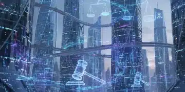 Futuristic cityscape with data flows and legal symbols, representing US AI regulation and its impact.