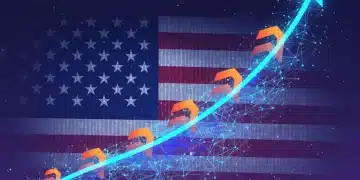 Illustration of US Web3 adoption trajectory with digital growth lines and blockchain nodes