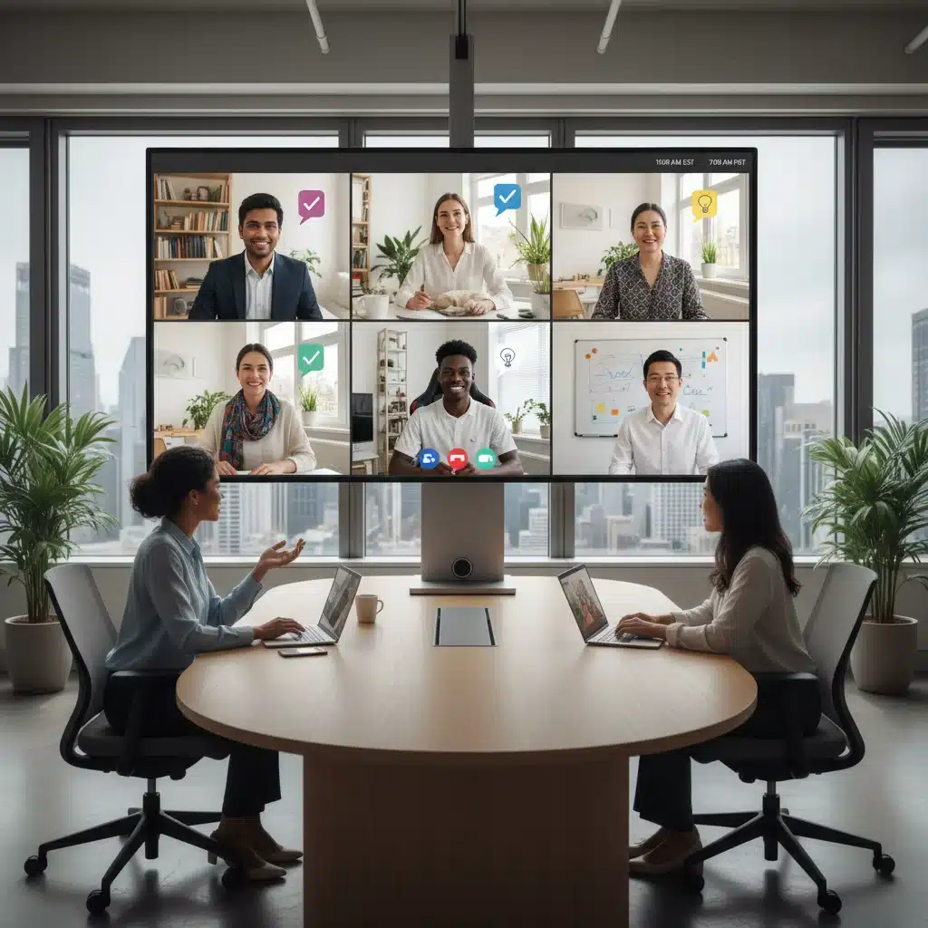 Diverse team collaborating virtually and in-person, demonstrating effective hybrid communication strategies.