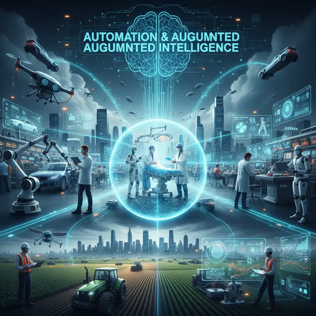 AI and robotics collaborating with human workers across different industries.