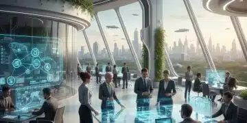 Professionals collaborating in a modern, tech-integrated office, symbolizing the future of work.