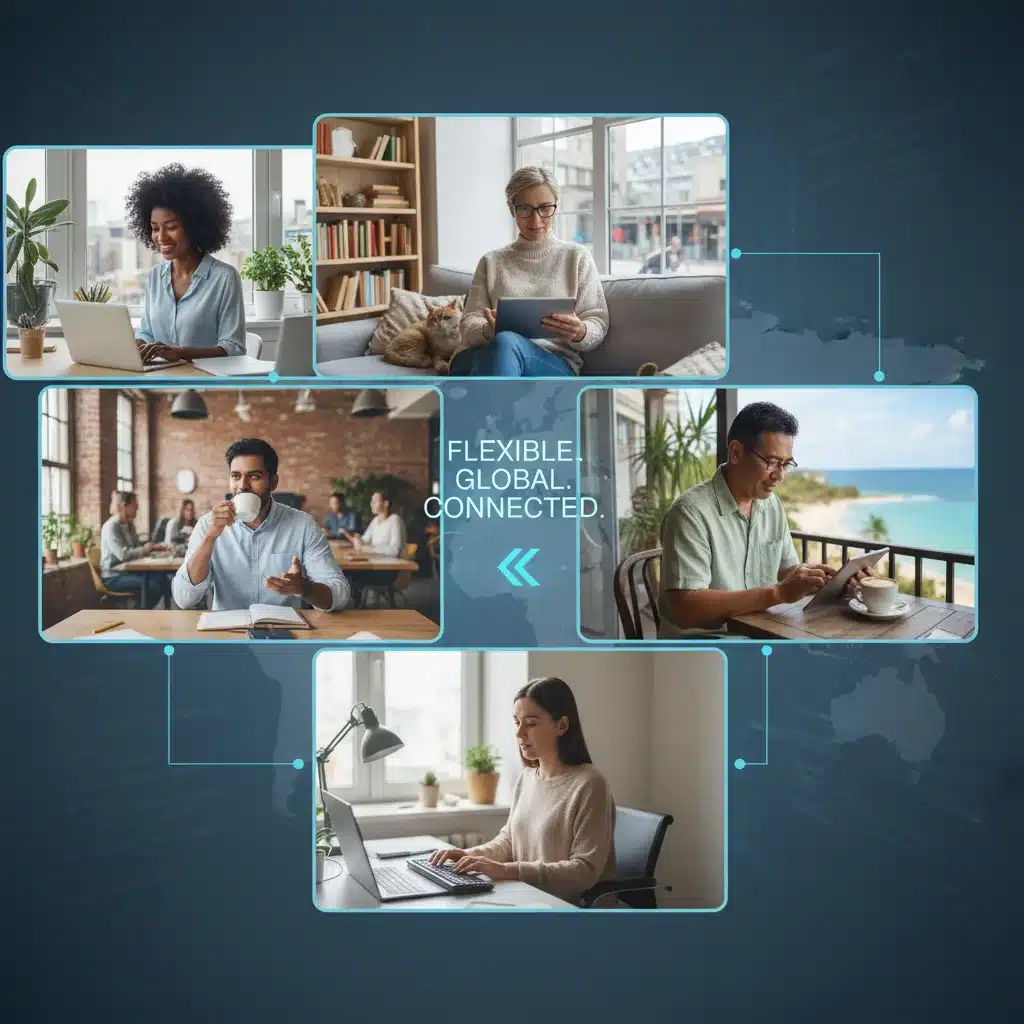 Remote workers collaborating digitally from various global locations.