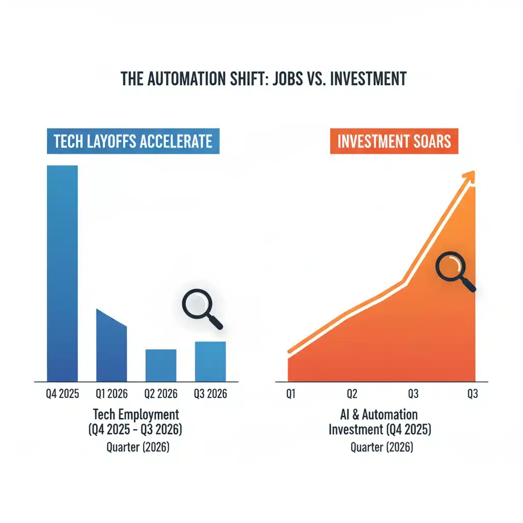 Bar chart showing Q1 2026 tech employment decline and AI investment rise
