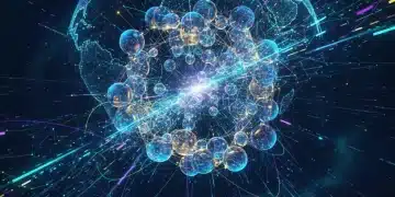 Futuristic quantum computing network with glowing qubits and data streams, symbolizing advanced technological breakthroughs.