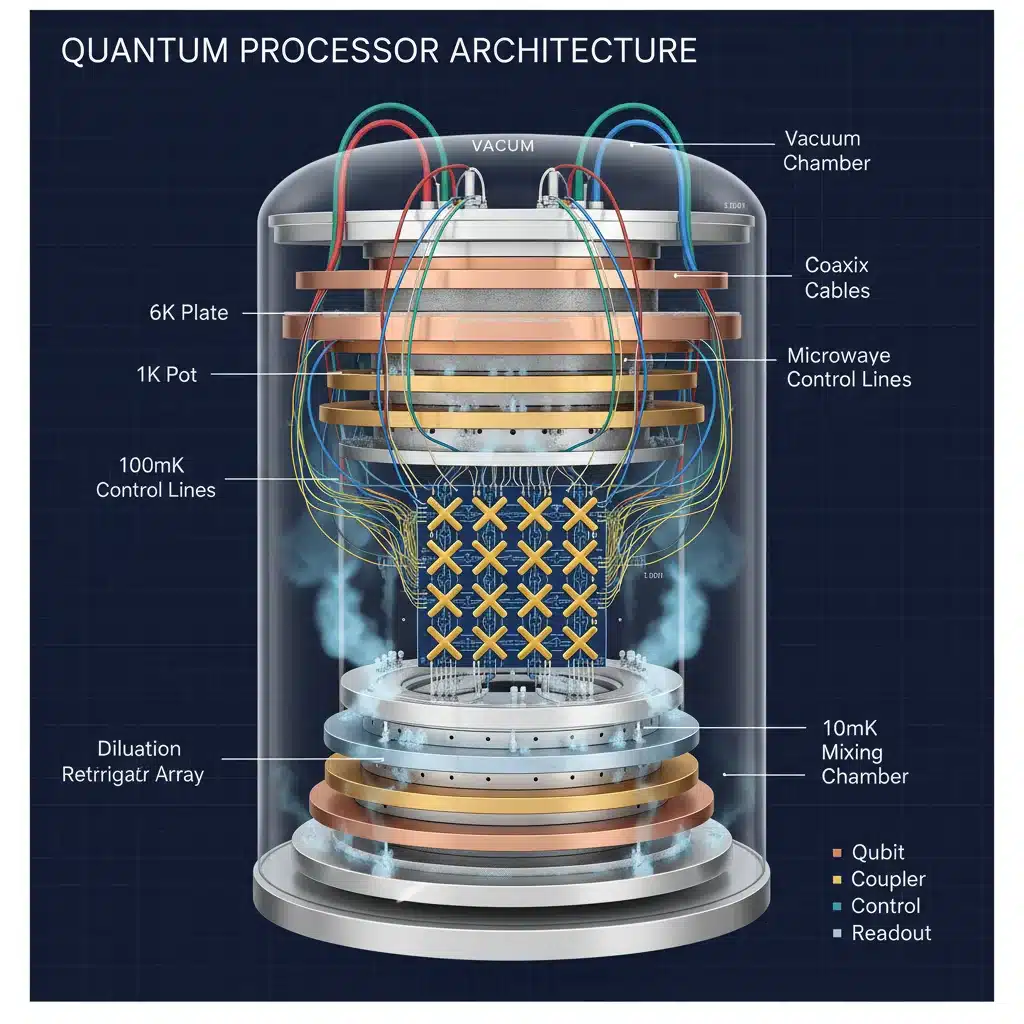 Detailed diagram of a quantum processor architecture with superconducting qubits and cryogenic elements.