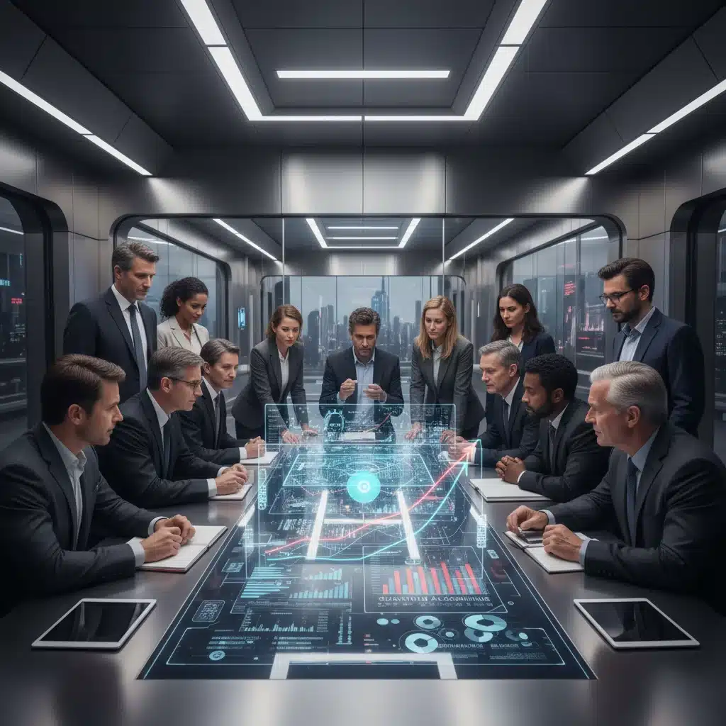 US tech leaders discussing quantum computing strategies in a modern meeting room with holographic displays.