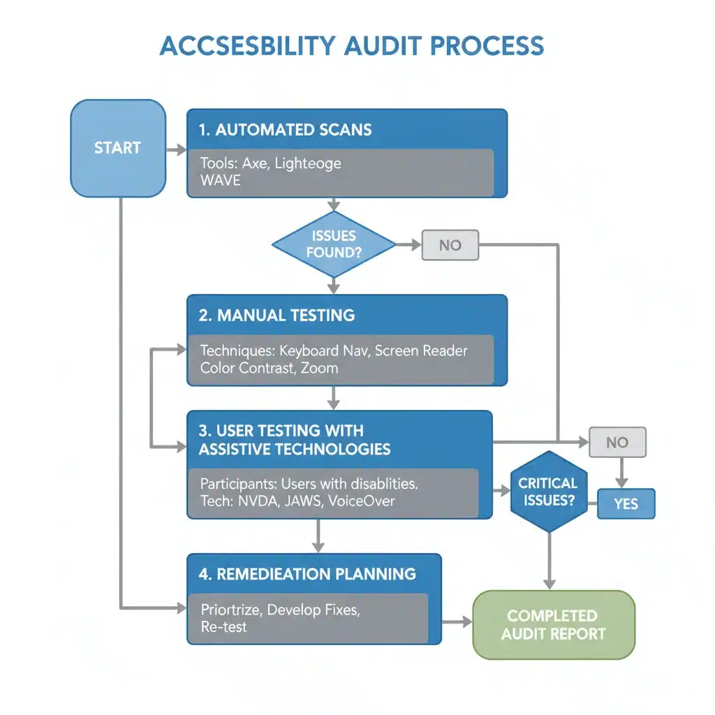 Accessibility audit process flowchart showing steps for web compliance.