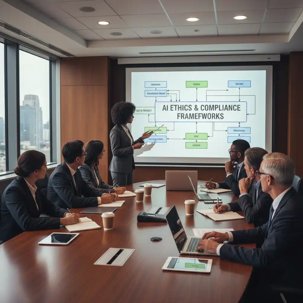 Business team discussing AI ethics and compliance strategies