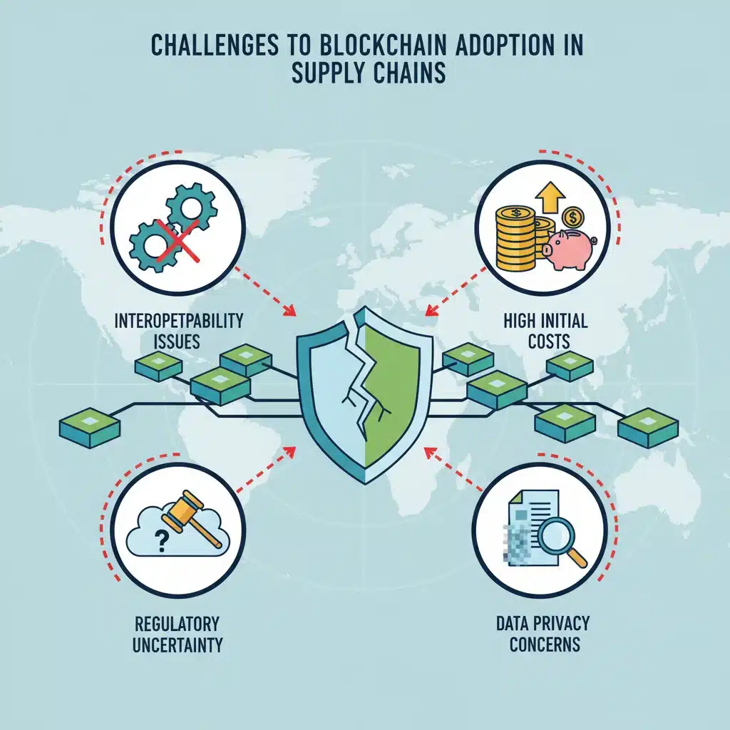 Visual representation of challenges in adopting blockchain for supply chains.