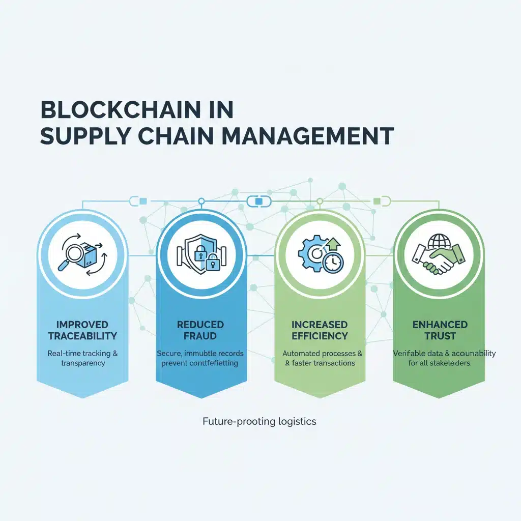 Infographic showing key benefits of blockchain for supply chain management.