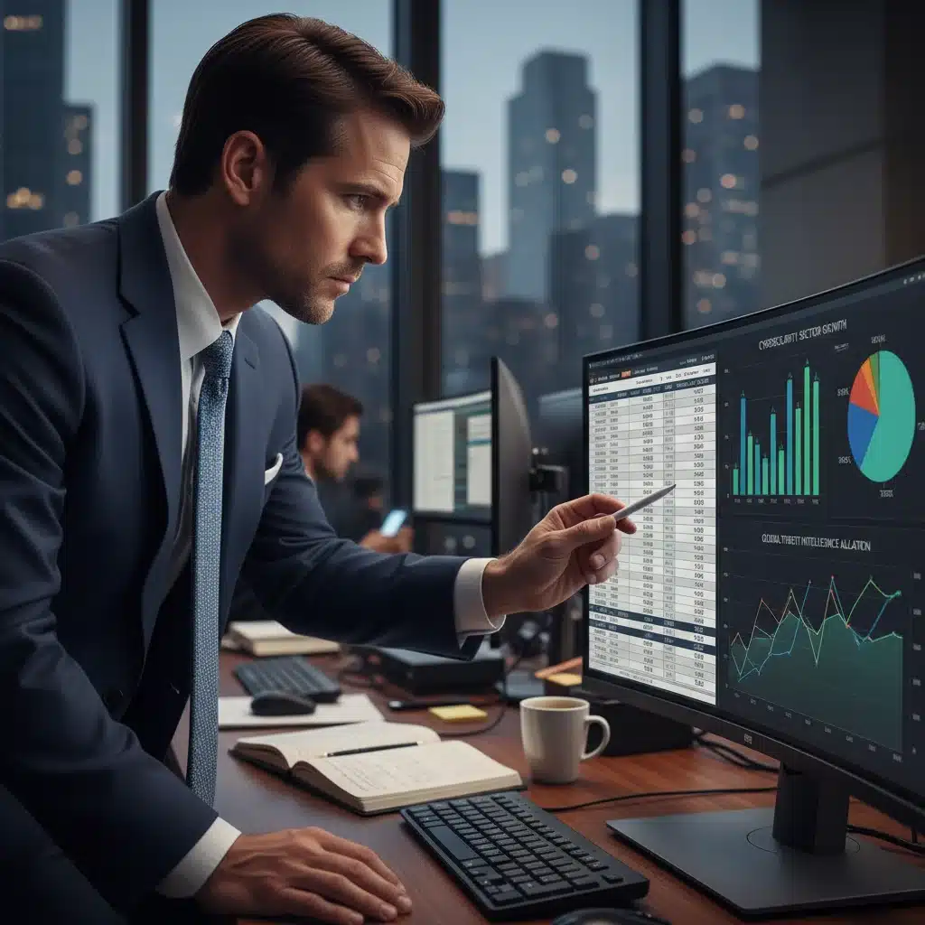 Financial analyst reviewing cybersecurity investment data and projections.