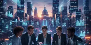 Futuristic cityscape with US Capitol and tech professionals, symbolizing 2026 US tech policy changes.