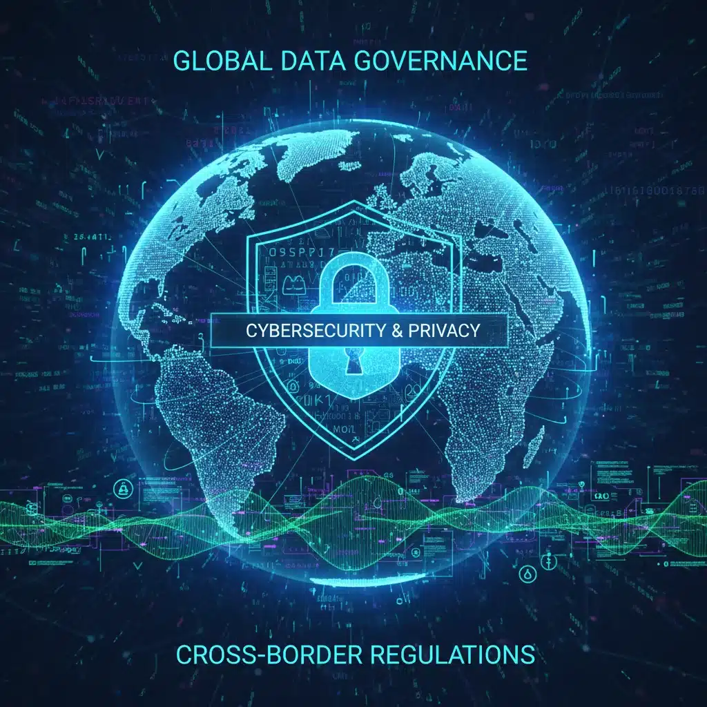 Digital illustration of global data flow with cybersecurity padlock and code, representing data privacy policies.