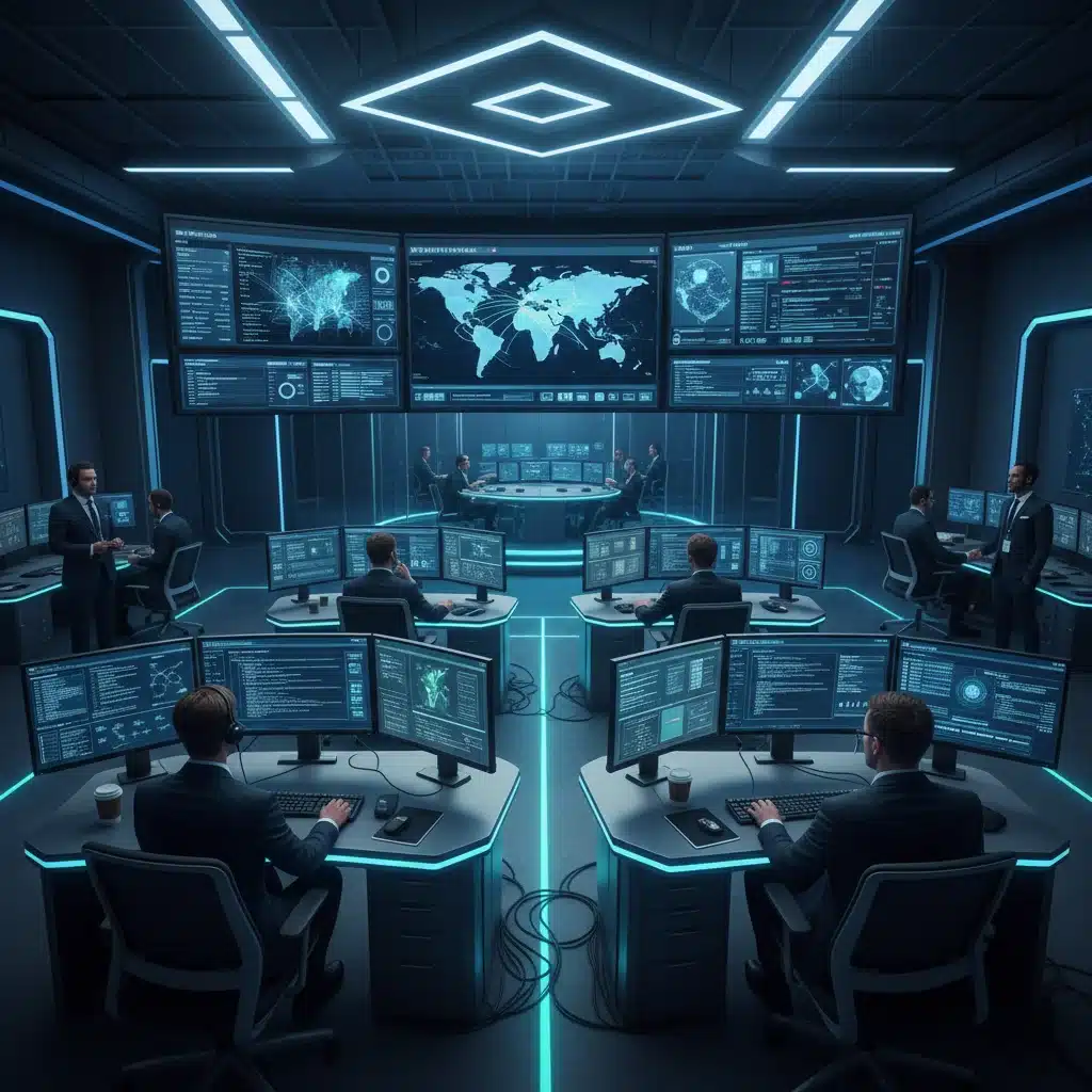 Cybersecurity professionals monitoring real-time threat intelligence in a Security Operations Center.