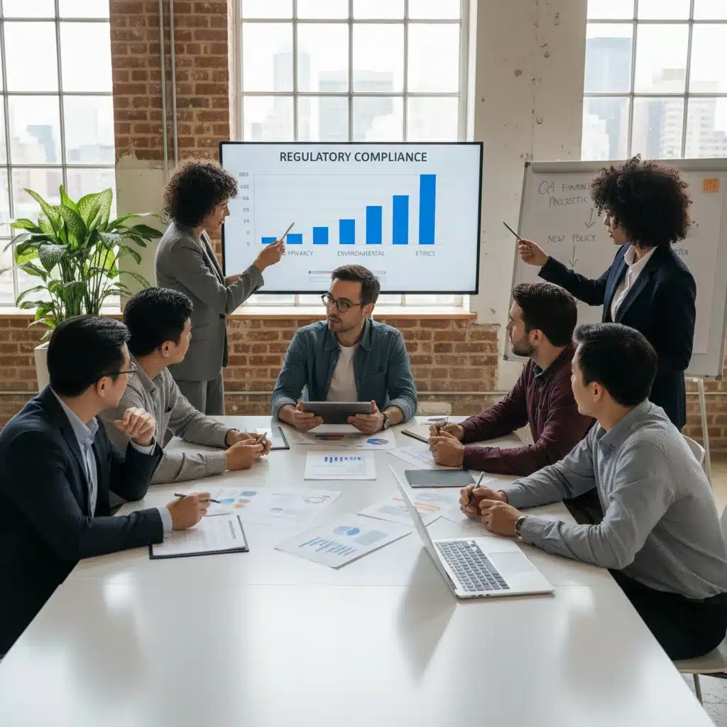 Startup founders reviewing legal documents and financial projections amid new regulations.