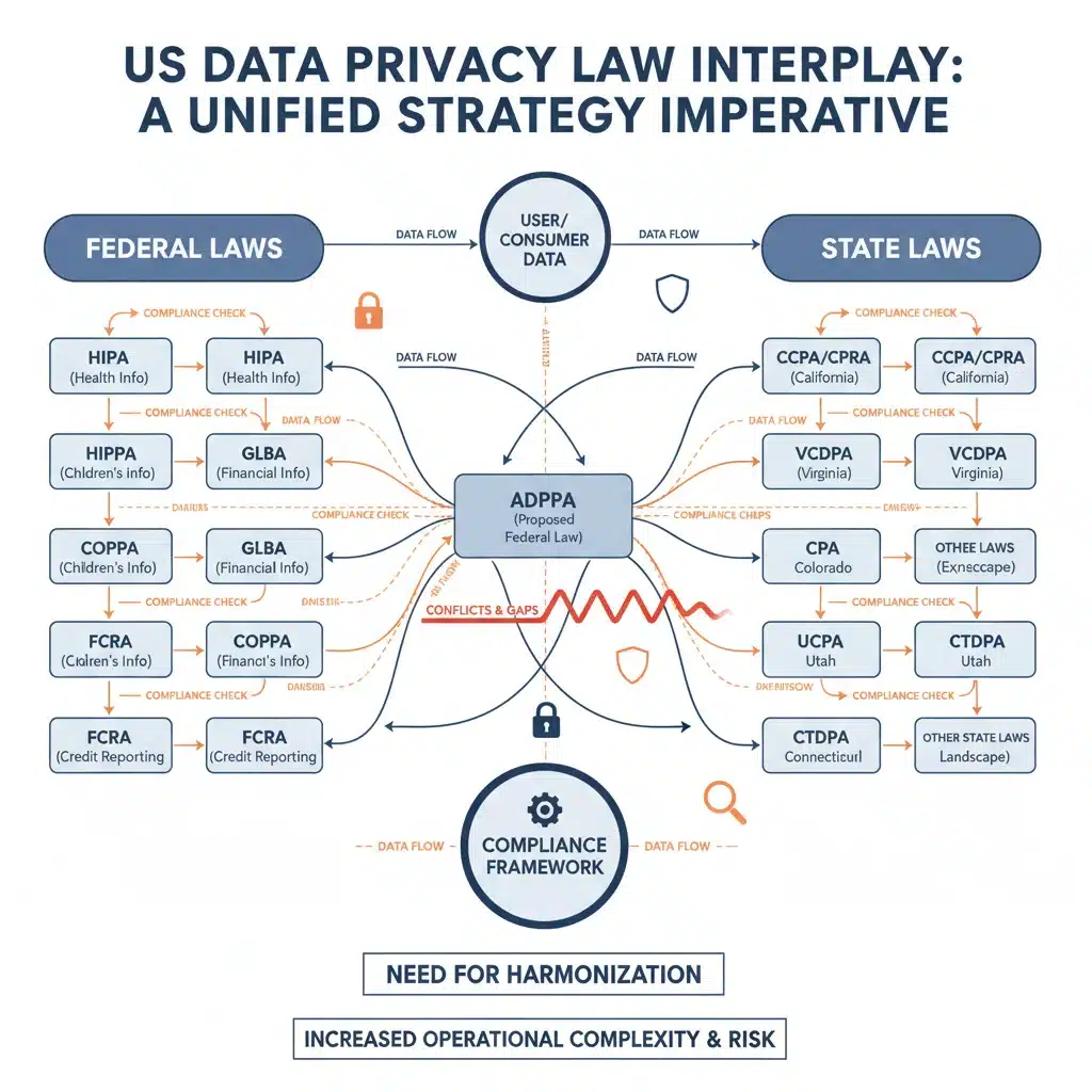 Complex flowchart showing interconnected US state and federal data privacy laws affecting digital marketing.