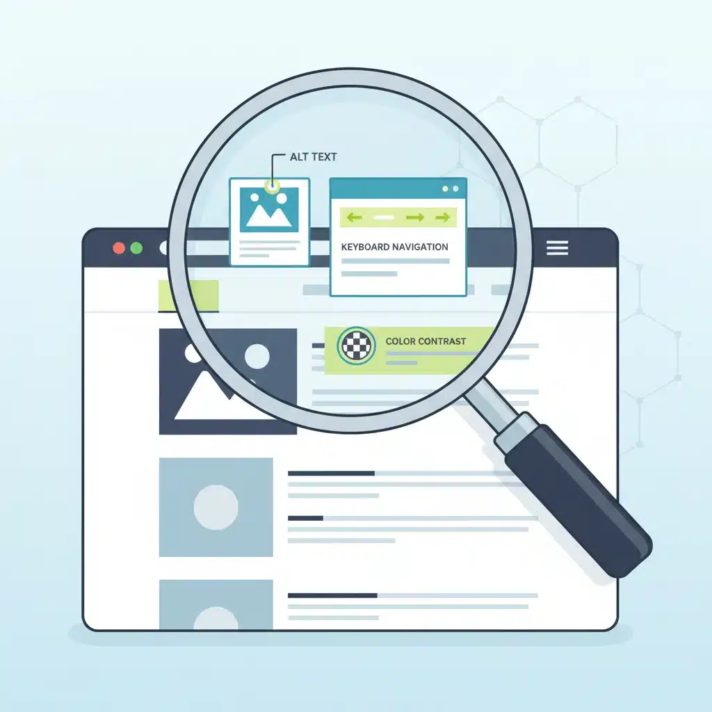 Magnifying glass examining website accessibility features like alt text and keyboard navigation.